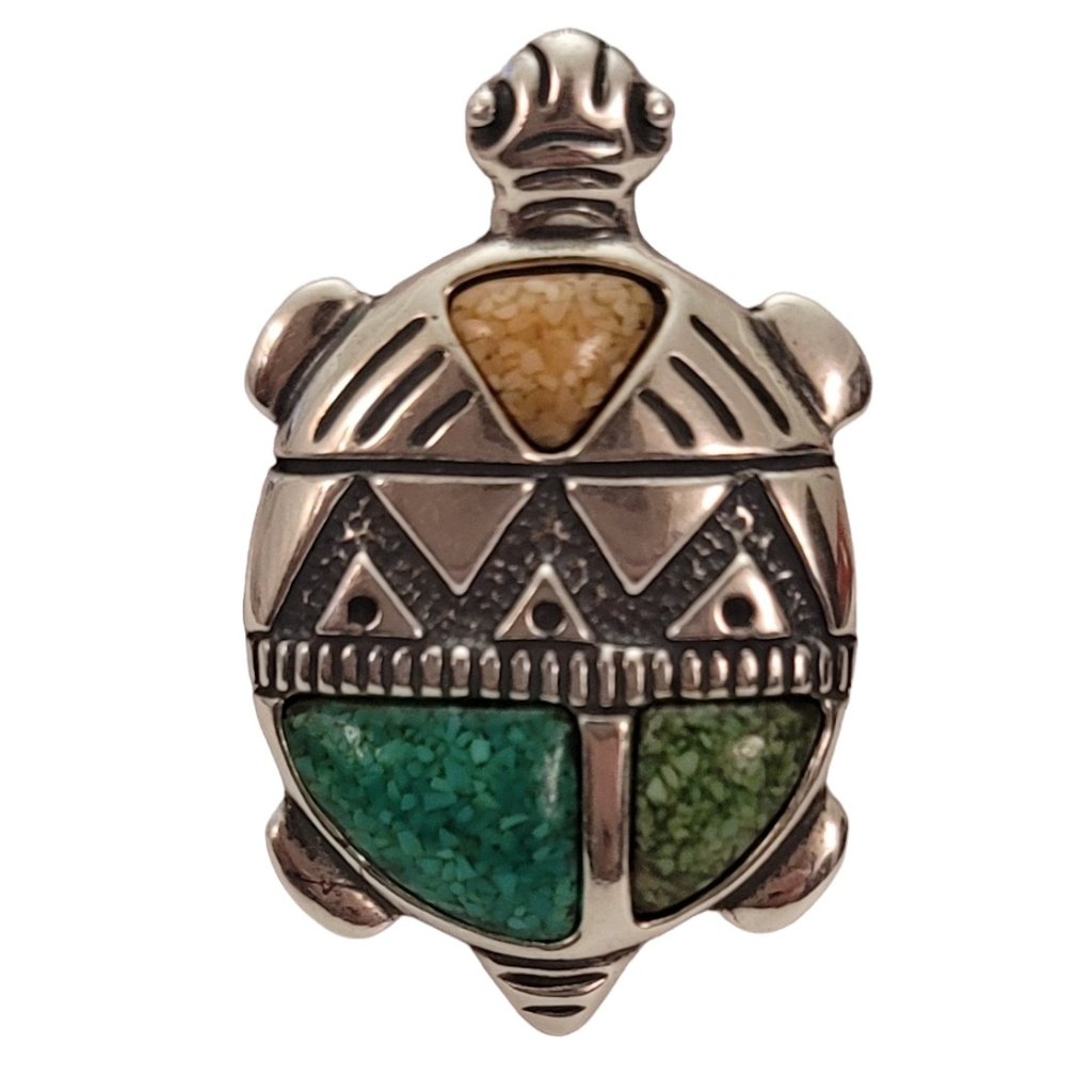 Carolyn Pollack Sterling Silver Crushed Stone Inlay Turtle Brooch Pendant E465 72$